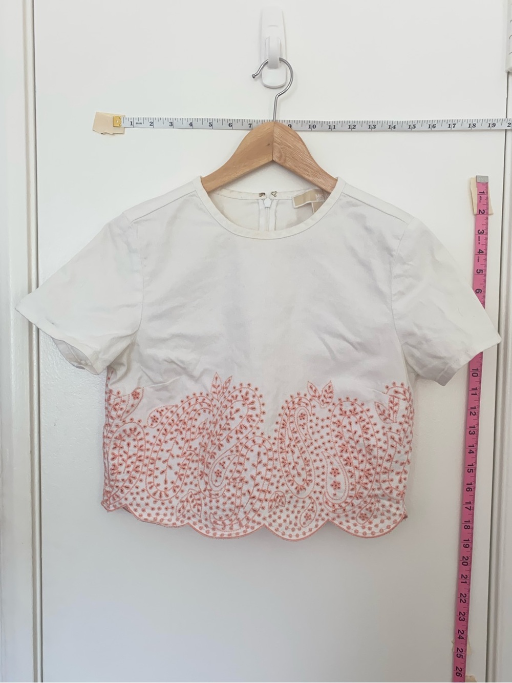 Michael Kors White Crop Top with Pink Embroidered Hem